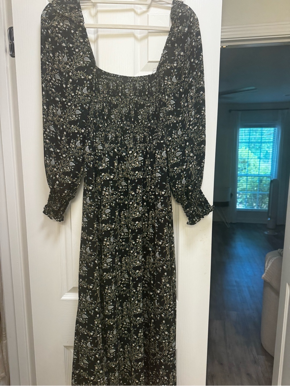 Smocked Square-Neck Floral Maxi Dress - Black/Green
